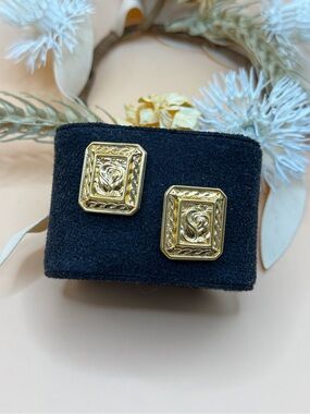 LCI Gold Tone Rose Rectangle Geometric Post Earrings Textured Designer Signed